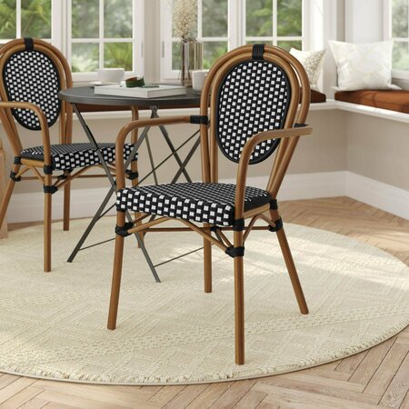 FLASH FURNITURE Lourdes Thonet French Bistro Stacking Chair w/Arms, Blk and Wht PE Rattan and Bamboo Print Alum Frm SDA-AD642002A-BKWH-NAT-GG